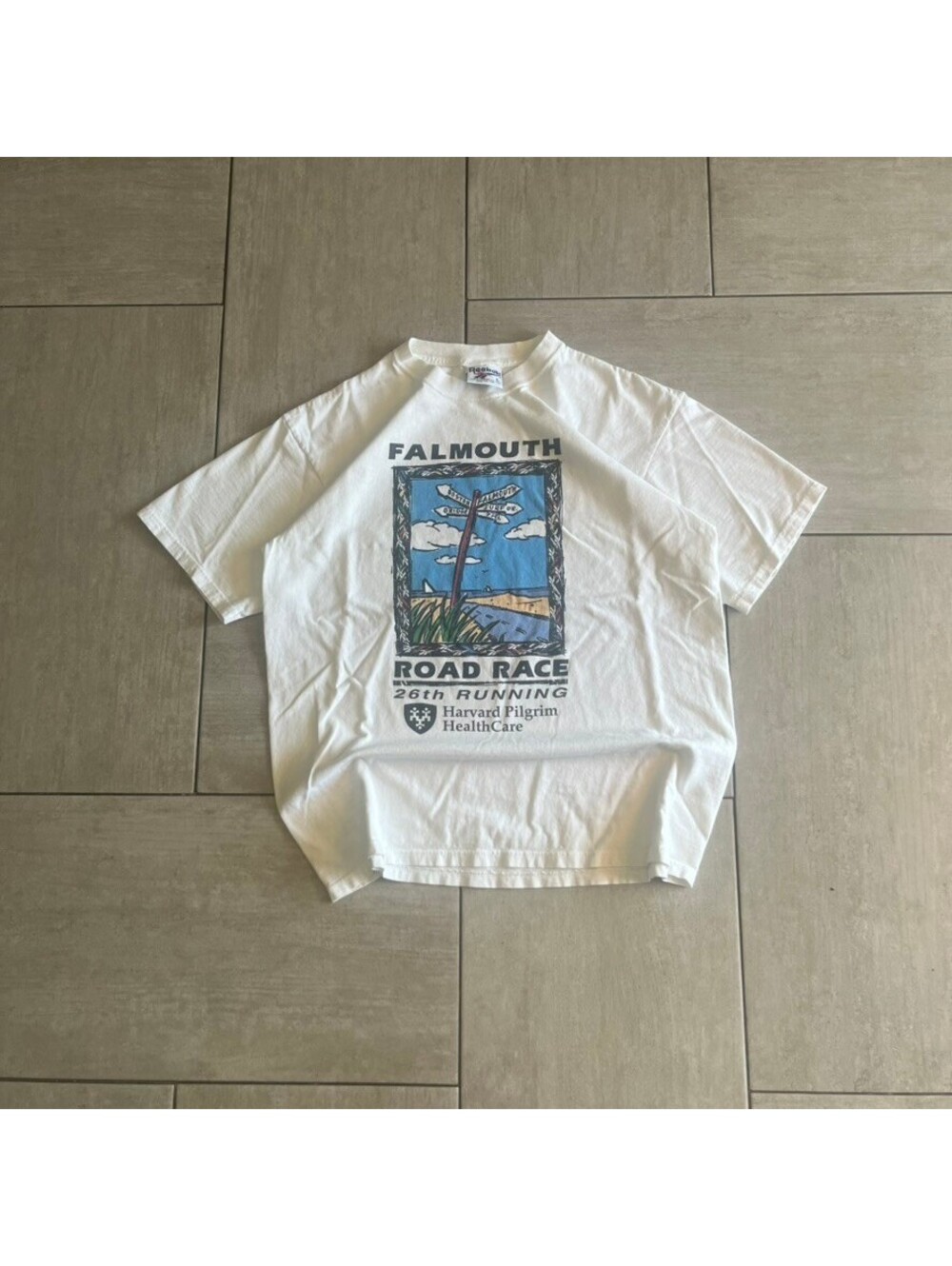 Vintage Reebok White Falmouth Road Race Graphic T-Shirt Large